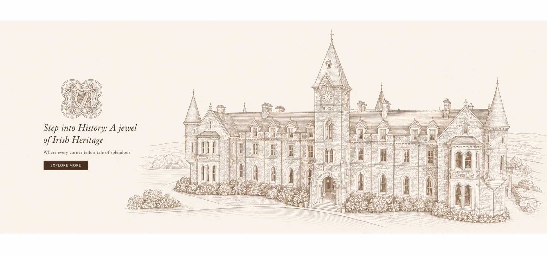 Architectural pencil elevation drawing of Skellig Bay Hotel